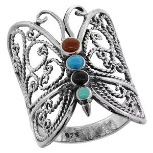 NWT Womens Vintage Look Silver Butterfly Simulated Turquoise Jewelry Ring Size 6
